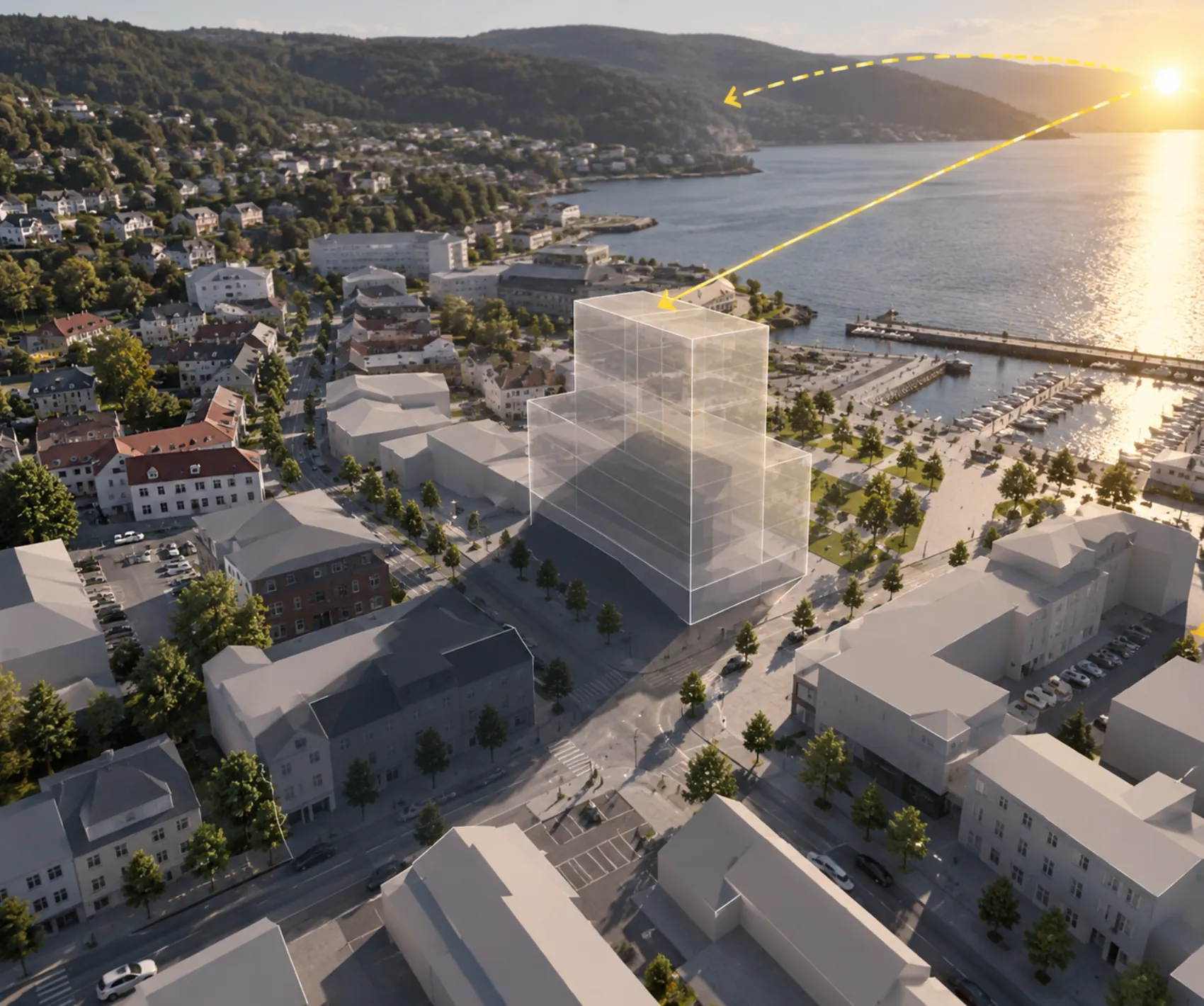 Flyfoto av en fjordby der et planlagt bygg og solens bane er tegnet inn